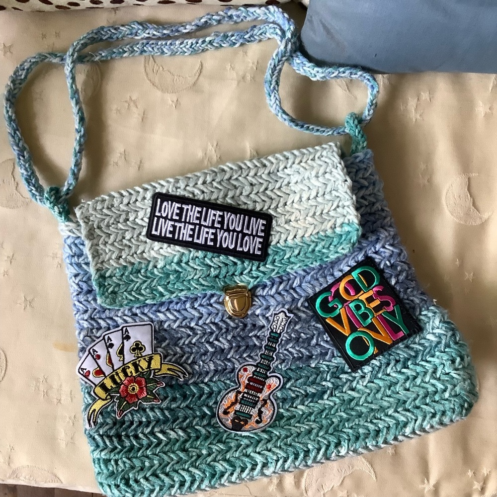 Crochet Ombre Blue & Teal Shoulder Bag with Patch Details